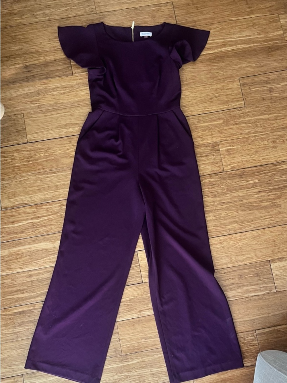 Calvin Klein Plum Flutter-Sleeve Wide-Leg Jumpsuit